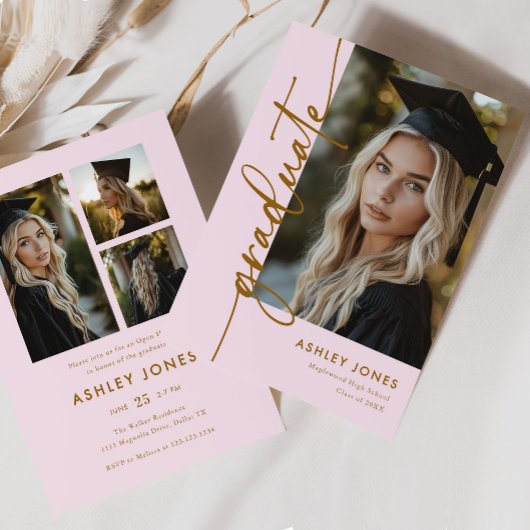 Invitation Fille moderne rose & or 4 Photo Graduation Party
