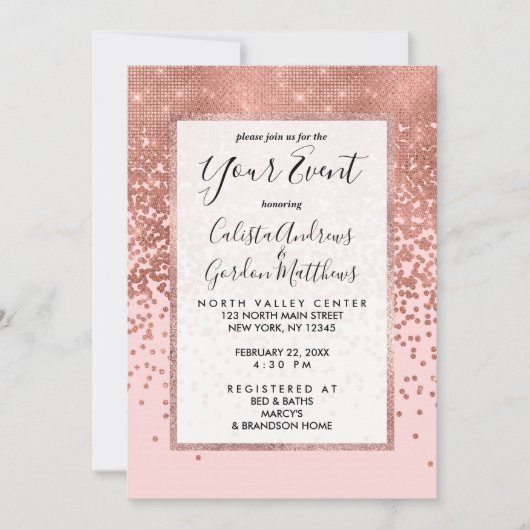 Invitation Fille moderne Rose or rose Parties scintillant Con (Devant)