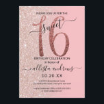 Invitation Fille moderne rose rose Parties scintillant or Omb<br><div class="desc">Cette invitation à fêter un sweet sixteen chic et féminin est parfaite pour la journée spéciale de votre jeune fille adolescente. Il présente une parties scintillant d'or brillant rose, "16", au sommet d'une simple parties scintillant d'or rose et faux rose, arrière - plan sombre, en dégradé noir. C'est simple, unique,...</div>