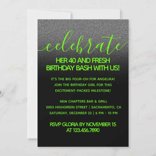 Invitation Fille moderne vert brillant 40 et frais (Devant)