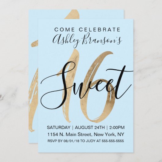 Invitation Fille Monnaie Bleue Faux Or Foil Douce 16 (Devant / Derrière)