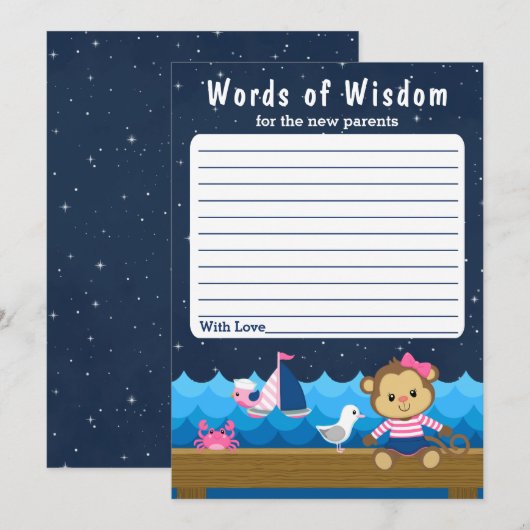 Invitation Fille Nautique Singe rose et les mots de sagesse d (Devant / Derrière)