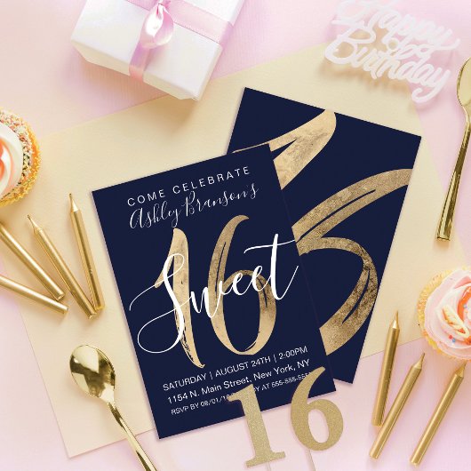 Invitation Fille Navy Bleu Blanc Or Feuille Sweet 16