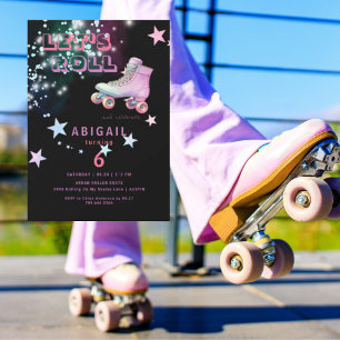 Invitation Fille néon Let's Roll Fête d'anniversaire de patin