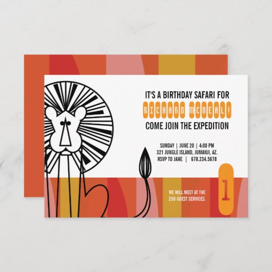 Invitation fille N'IMPORTE QUEL ÂGE rétro lion SAFARI fête d' (Devant / Derrière)