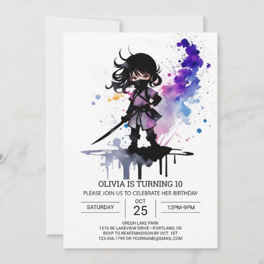 Invitation Fille Ninja Cute Custom Anniversaire (Devant)