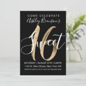 Invitation Fille Noir Blanc Faux Or Foil Douce 16 (Debout devant)