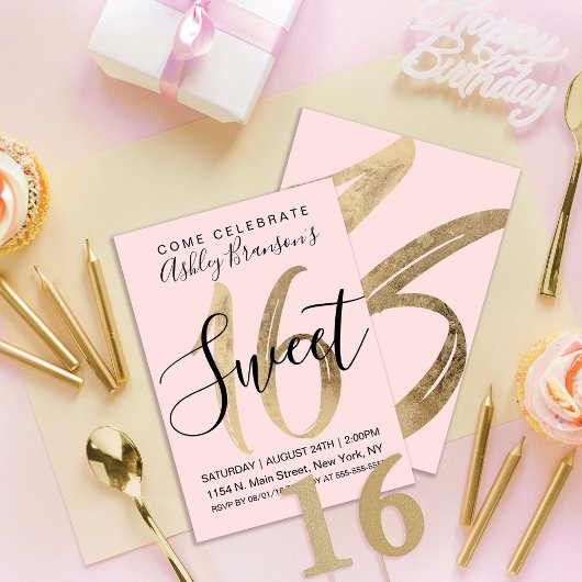 Invitation Fille Noir Blush Rose Or Foil Douce 16