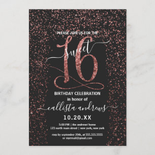 Invitation Fille Noir Rose Or Confetti Bordure Sweet 16