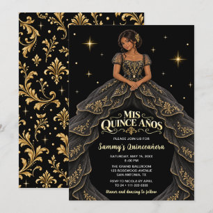 Invitation Fille Noire Or Baroque Quinceañera