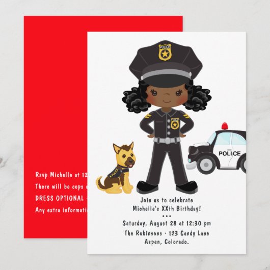 Invitation Fille noire Police Officier Parti Anniversaire (Devant / Derrière)
