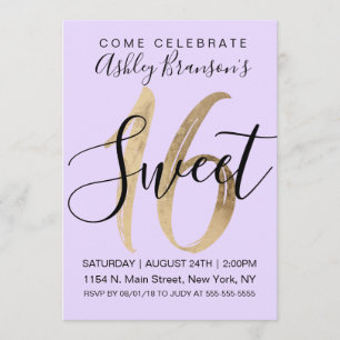 Invitation Fille Noire Purple Gold Foil Sweet 16