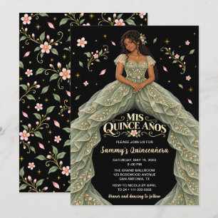 Invitation Fille Noire Robe de Quinceañera Florale Vert Sauge