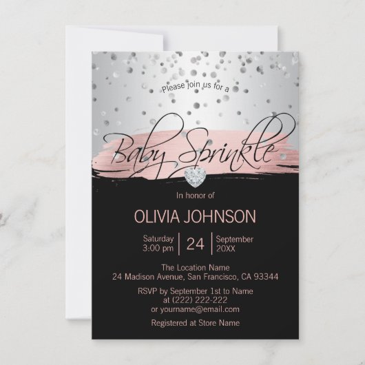 Invitation Fille noire rose argent personnalisée saupoudrer b (Devant)
