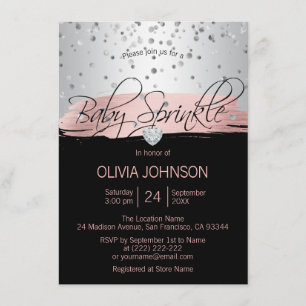 Invitation Fille noire rose argent personnalisée saupoudrer b
