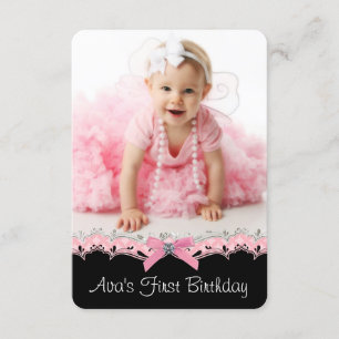 Invitation Fille Noire Rose Joliment Photo 1er Anniversaire