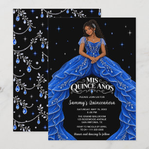 Invitation Fille noire royal bleu argent Quinceañera
