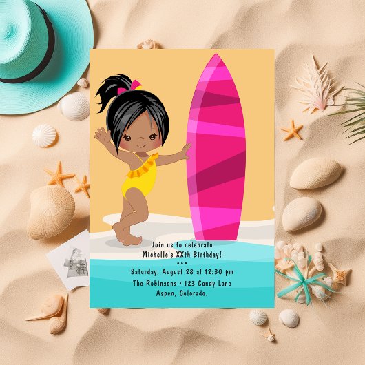 Invitation Fille noire Summer Beach fête d'anniversaire