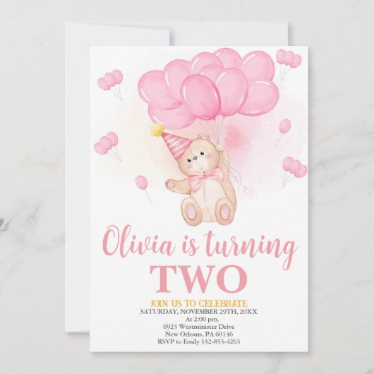 Invitation Fille Nounours Anniversaire, Ballons Aquarelles (Devant)