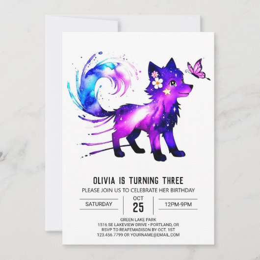 Invitation Fille numérique Wolf Whimsical modifiable Annivers (Devant)