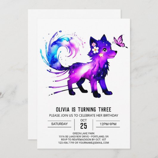 Invitation Fille numérique Wolf Whimsical modifiable Annivers (Devant / Derrière)