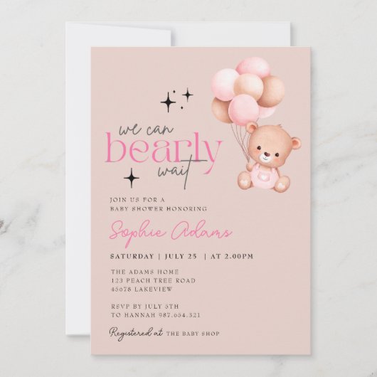 Invitation Fille On Peut Attendre Teddy Baby shower Ours (Devant)
