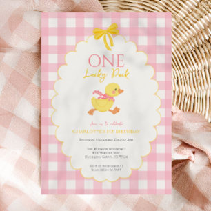 Invitation Fille One Lucky Duck Gingham Rose 1er anniversaire