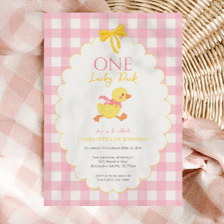 Invitation Fille One Lucky Duck Gingham Rose 1er anniversaire