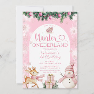 Invitation Fille Onederland Hiver Rose Anniversaire Flocons d