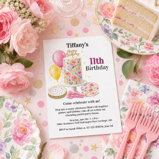 Invitation Fille onze ans gâteau d'anniversaire fête rose flo