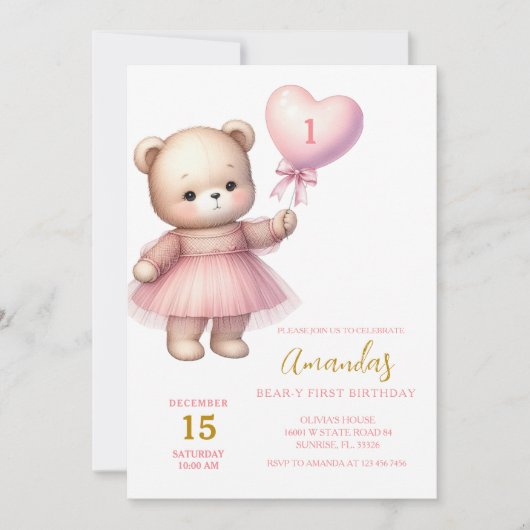 Invitation Fille Ours Coeur Ballons rose Premier anniversaire (Devant)