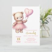 Invitation Fille Ours Coeur Ballons rose Premier anniversaire (Debout devant)