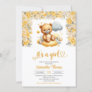 Invitation Fille ours en peluche fleurs jaunes fille baby sho