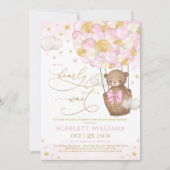 Invitation Fille Ours Hot Air Balloon Baby shower Or rose (Devant)
