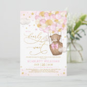 Invitation Fille Ours Hot Air Balloon Baby shower Or rose (Debout devant)