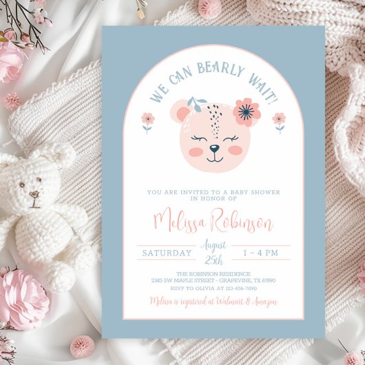 Invitation Fille Ourse Visage Rose Bleu Baby Shower