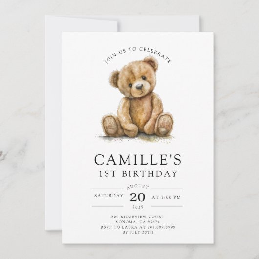 Invitation Fille ourson 1er anniversaire (Devant)
