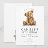 Invitation Fille ourson 1er anniversaire (Devant / Derrière)