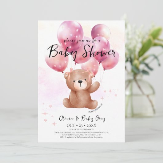 Invitation Fille Ourson Baby Shower (Debout devant)
