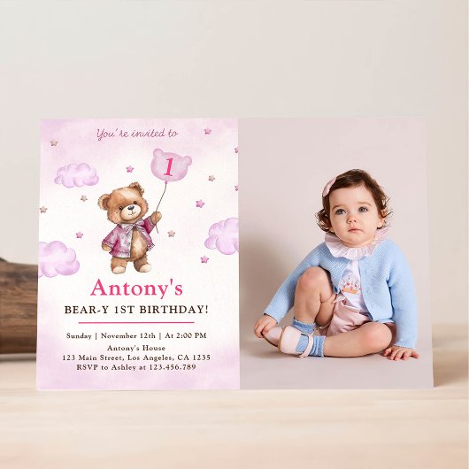 Invitation Fille Ourson Rose Ballons Premier Anniversaire