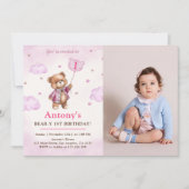 Invitation Fille Ourson Rose Ballons Premier Anniversaire (Devant)