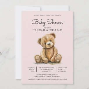 Invitation Fille Ourson Rose Pâle Baby Shower