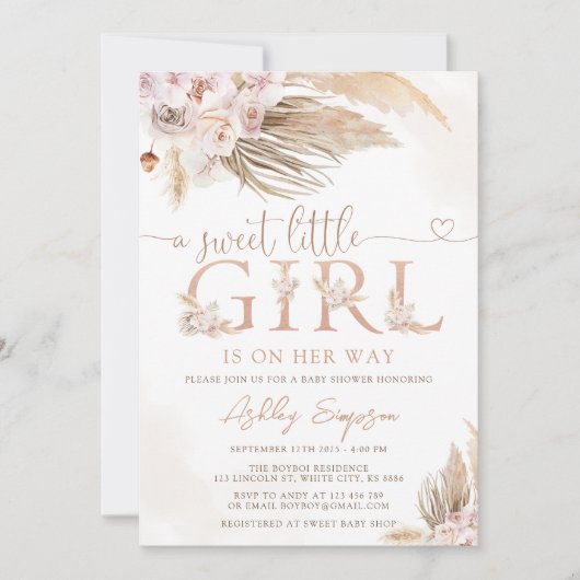 Invitation Fille Pampas Pampas Boho Rose Grass Baby shower fi (Devant)