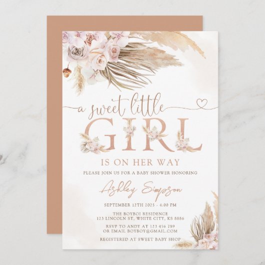 Invitation Fille Pampas Pampas Boho Rose Grass Baby shower fi (Devant / Derrière)