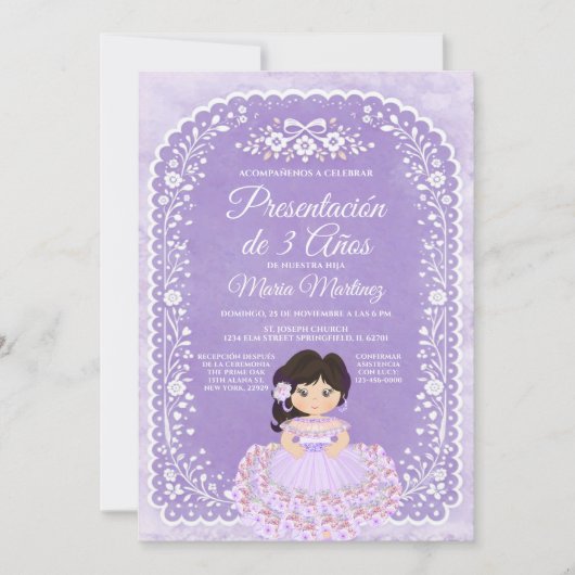 Invitation Fille Papel Picado Violet Présentation de 3 Ans (Devant)