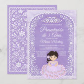 Invitation Fille Papel Picado Violet Présentation de 3 Ans (Devant / Derrière)