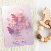 Invitation Fille Papillon 3D Anniversaire Rose Violet