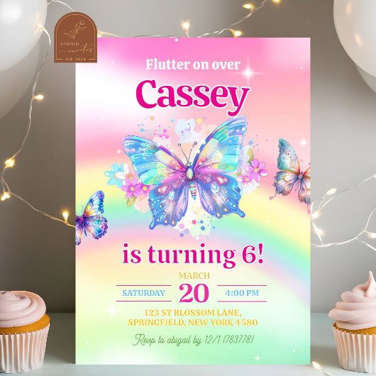 Invitation Fille Papillon Arc-en-ciel Anniversaire