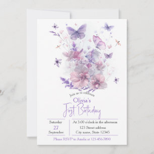 Invitation Fille papillon Fleurs sauvages violettes 1er Anniv