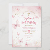 Invitation Fille papillon rose 2e croix de baptême d'annivers (Devant)